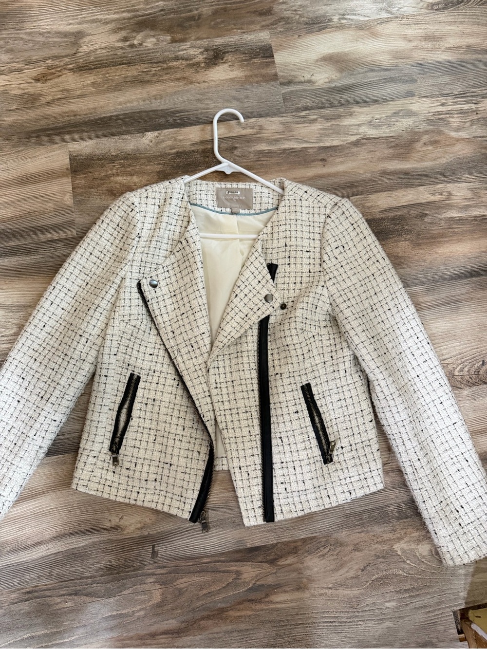 Banana Republic Cream Tweed Moto Blazer with Black Trim